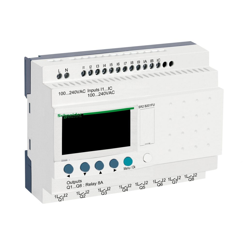 Relé inteligente Zelio Logic compacto 12 entradas 8 salidas, reloj, display, 100–240 V CA – Schneider Electric